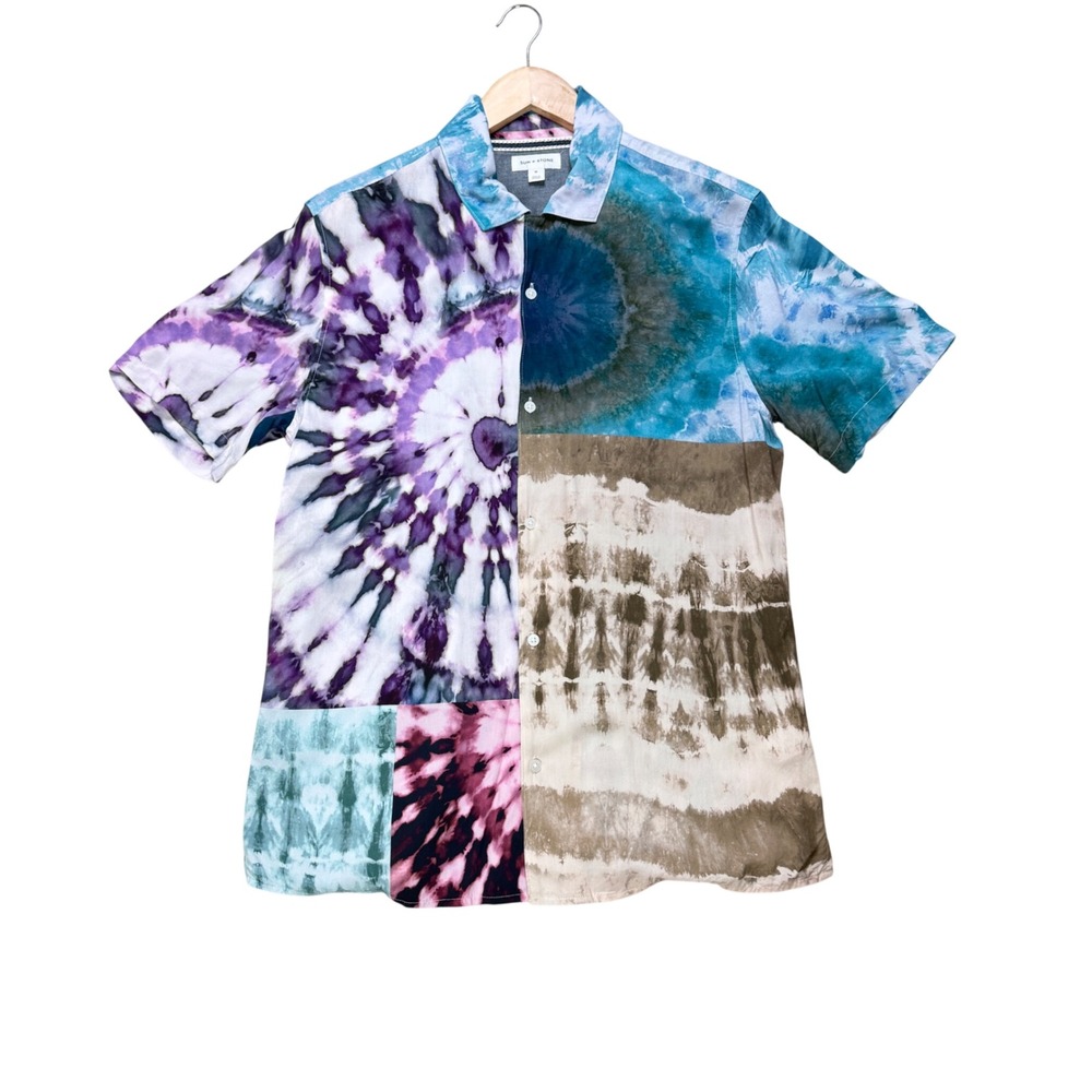 Sun + Stone Men Medium Button Up Shirt Tie Dye‎ Rayon Camp Collar Festival Boho